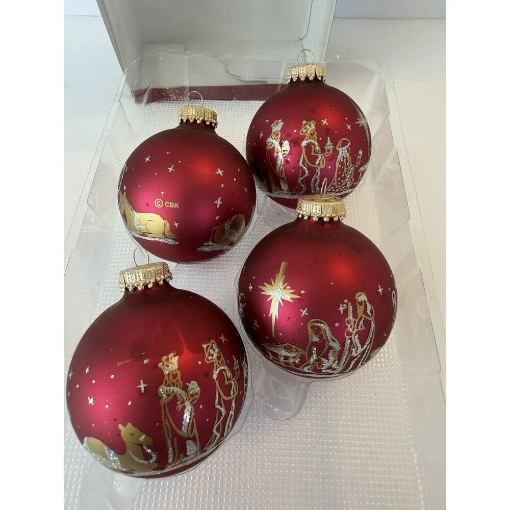 Vintage Nativity Wise Men Jesus Mary Bethlehem Red Glass Christmas Ornaments USA